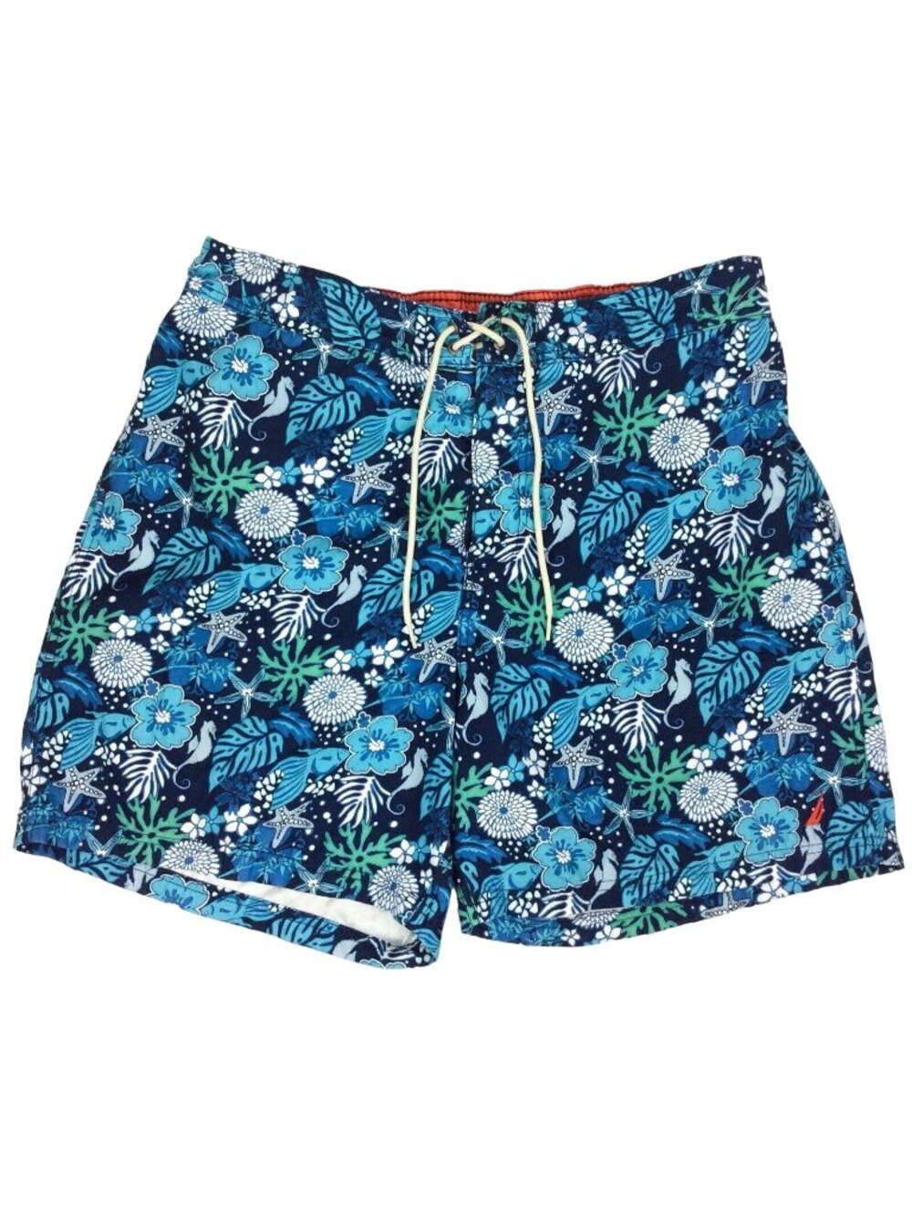 Nautica Mens Swim Trunks 2XL Blue Floral Sea Life Elastic Waist Mesh Lining